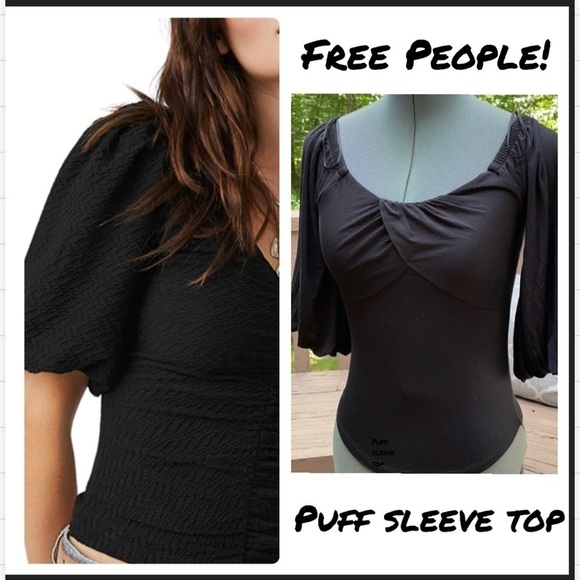 Free People Romantic Black Puff Sleeve Top - Picture 1 of 10